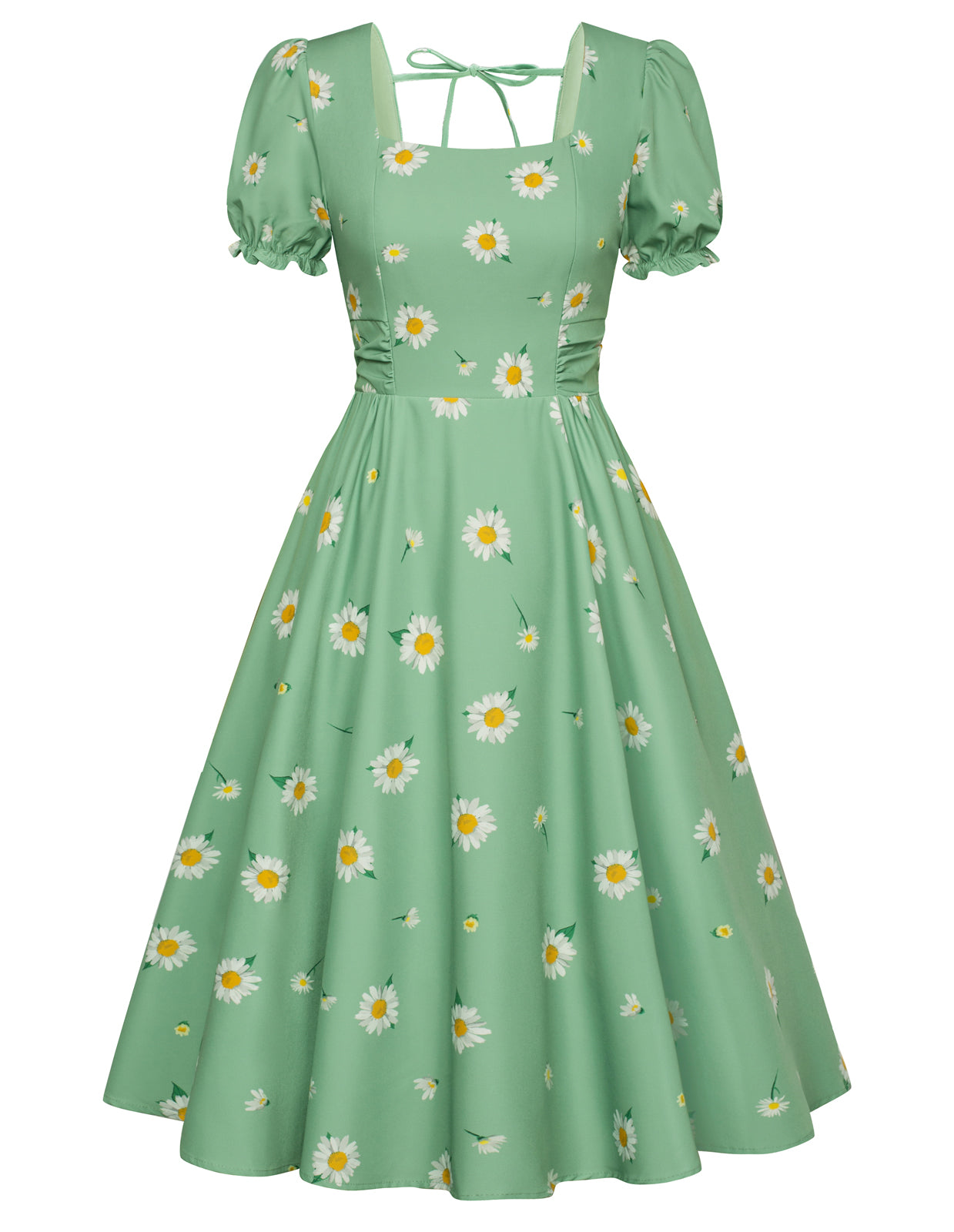 belle poque Vintage Daisy Flower Print Cottagecore Cocktail Dresses Square Neck Puff Sleeve Dress with Pockets Green