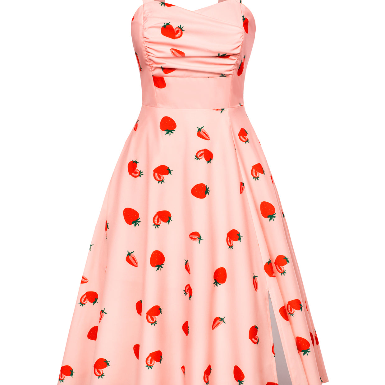 belle poque Vintage 1950s Cocktail Dress Ruched Slit A Line Swing Dress with Pockets Strawberry