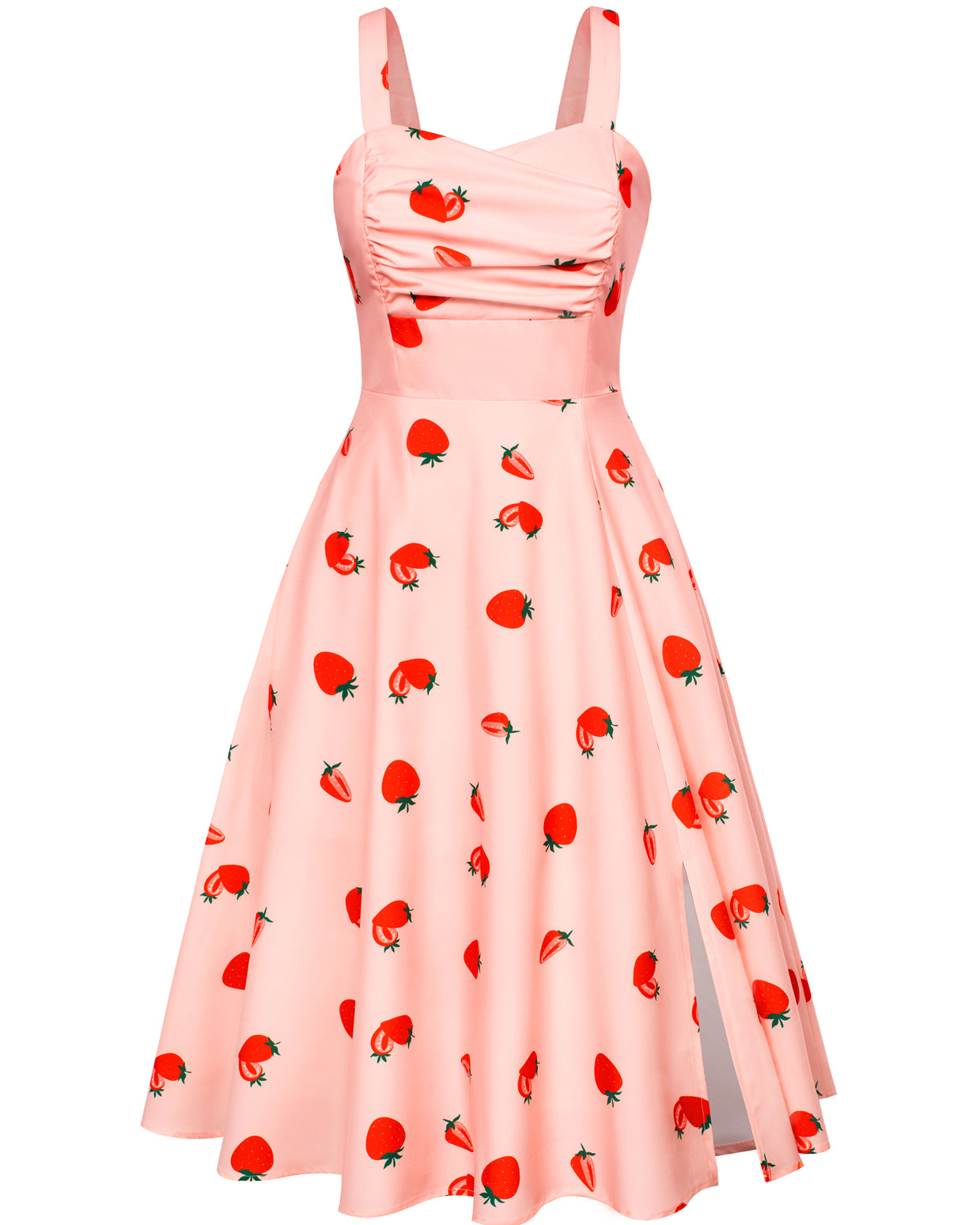belle poque Vintage 1950s Cocktail Dress Ruched Slit A Line Swing Dress with Pockets Strawberry