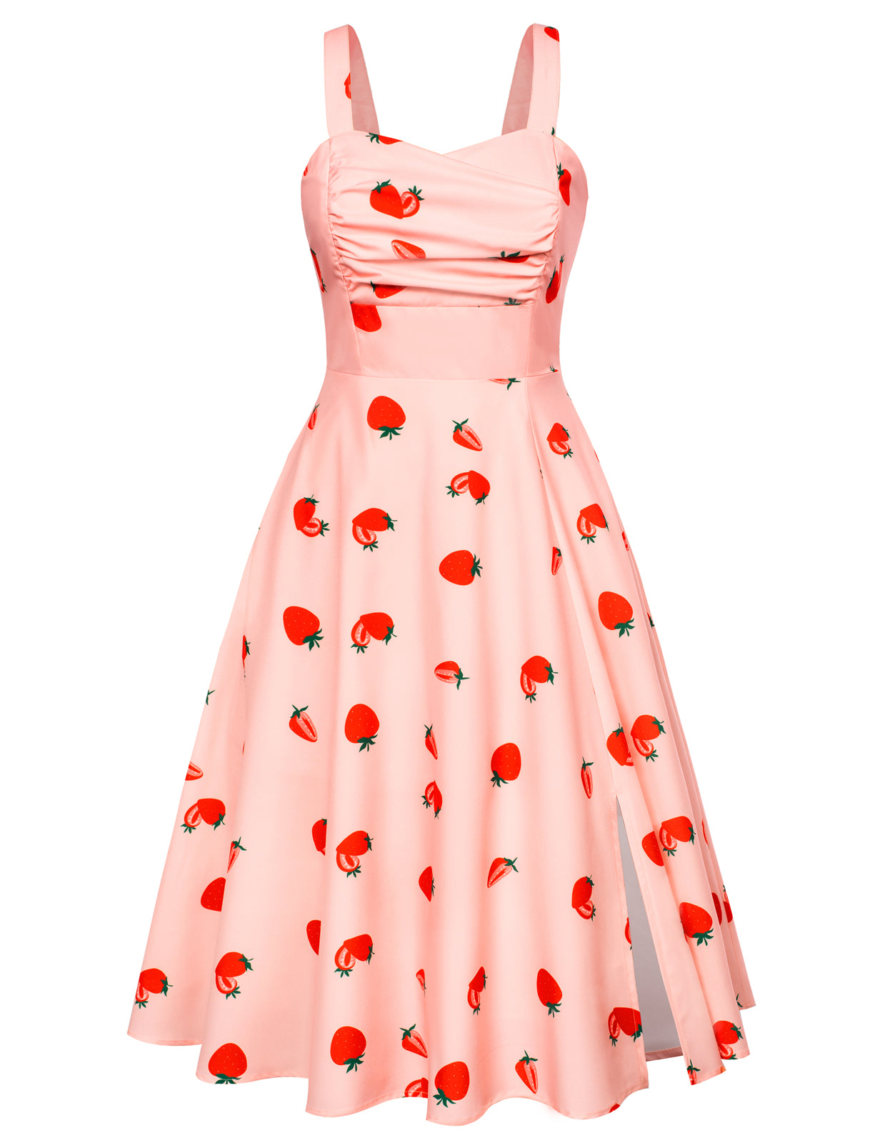 belle poque Vintage Strawberry Patterns Cocktail Dress Sleeveless Spaghetti Strap Ruched Slit A Line Swing Dress with Pockets Strawberry