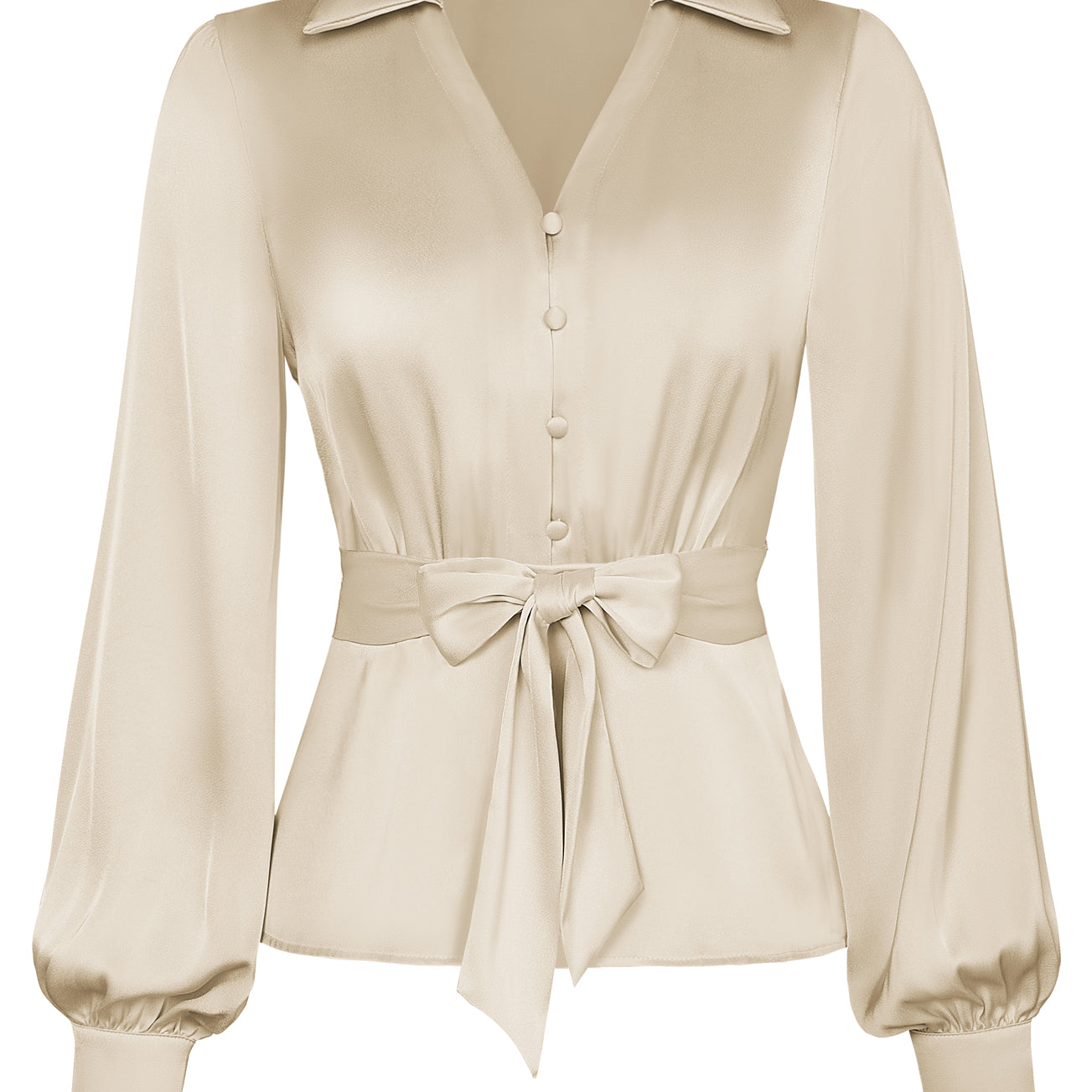 belle poque Vintage Elastic Waist Blouse Long Sleeve Lapel V-Neck Pullover Tops Beige