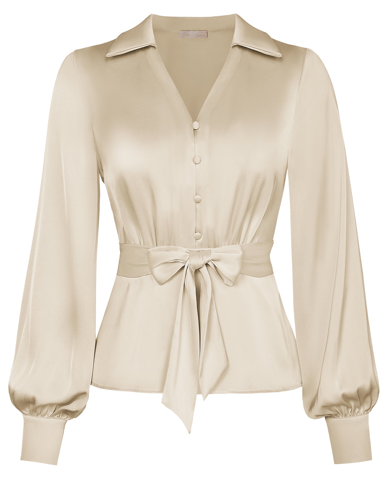 belle poque Vintage Elastic Waist Blouse Long Sleeve Lapel V-Neck Pullover Tops Beige