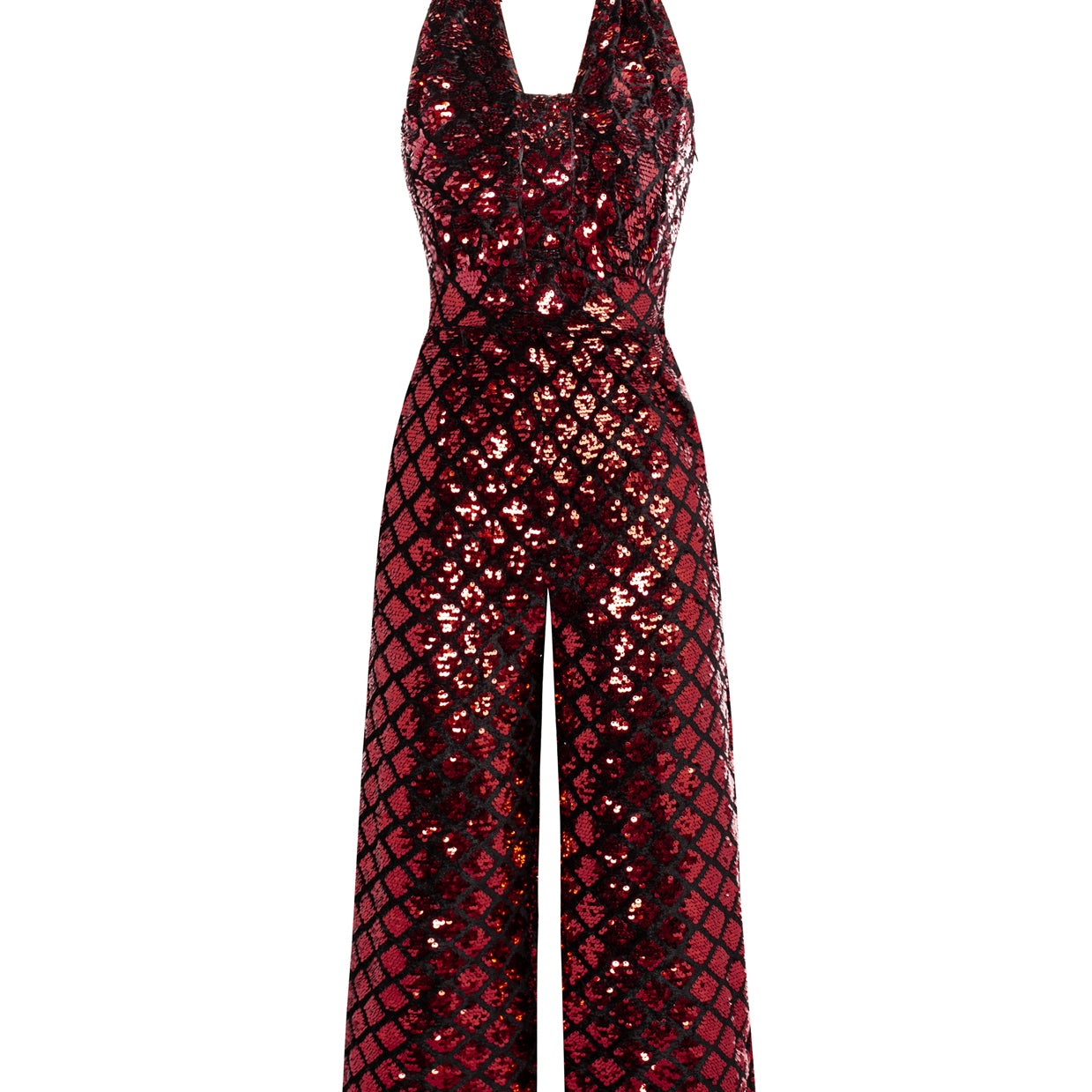 belle poque Sequined Jumpsuit Defined Waist Backless Halterneck Jumpsuit Red