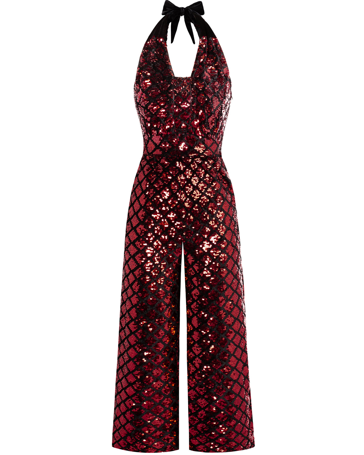 belle poque Sequined Jumpsuit Defined Waist Backless Halterneck Jumpsuit Red