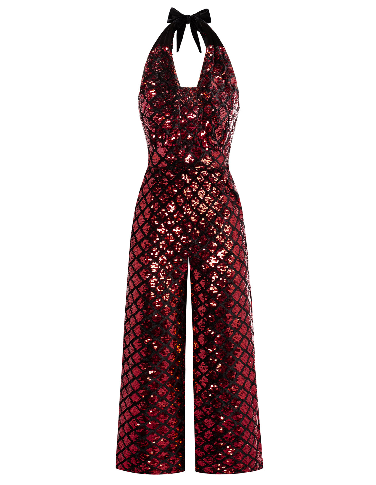 belle poque Sequined Jumpsuit Defined Waist Backless Halterneck Jumpsuit Red