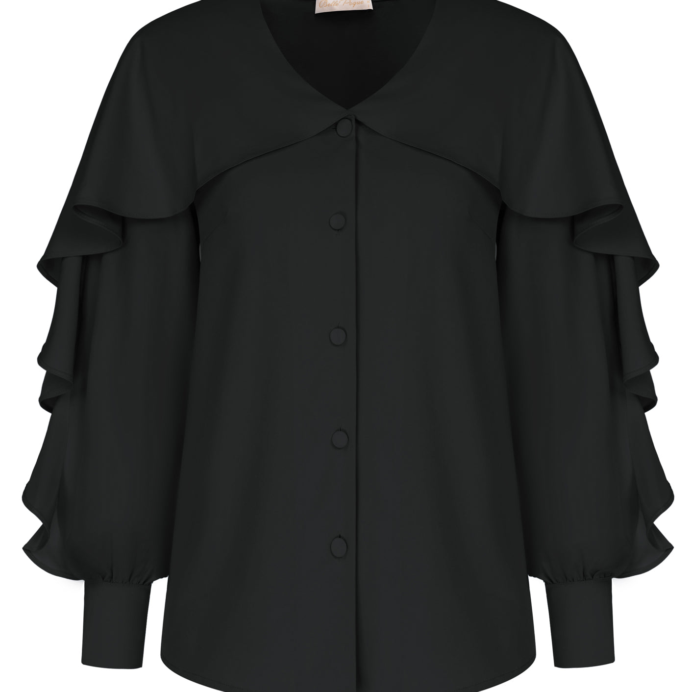 belle poque Seckill Offer⌛Ruffle Decorated Shirt Long Sleeve V-Neck Button-up Tops Black