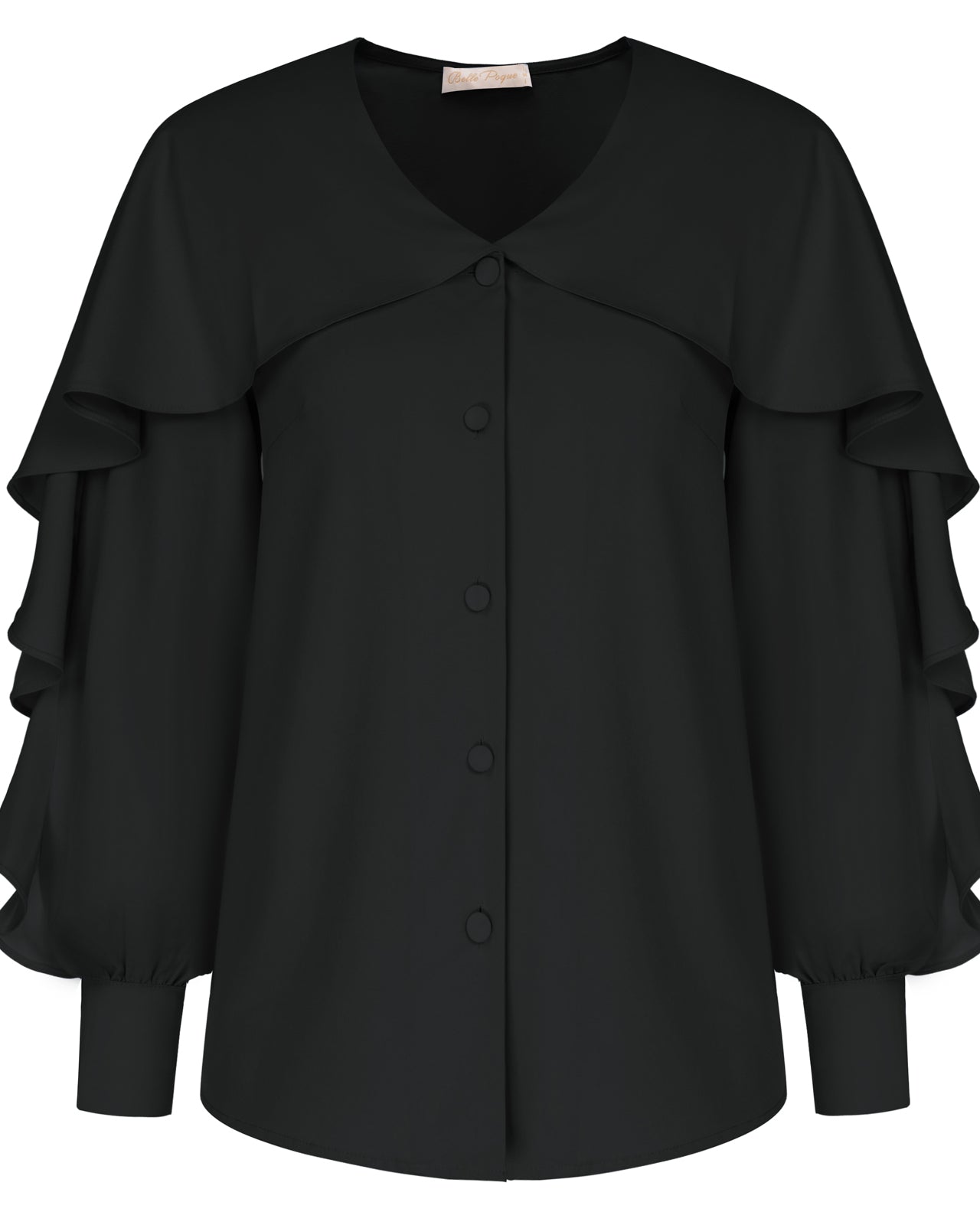 belle poque Seckill Offer⌛Ruffle Decorated Shirt Long Sleeve V-Neck Button-up Tops Black