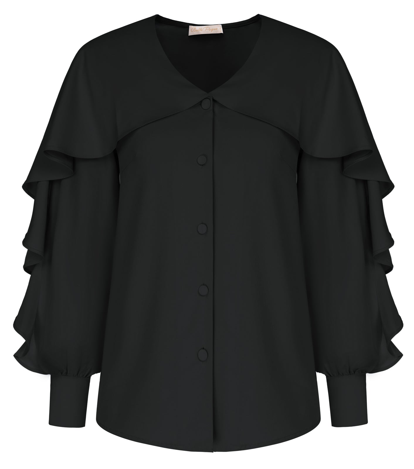belle poque Seckill Offer⌛Ruffle Decorated Shirt Long Sleeve V-Neck Button-up Tops Black