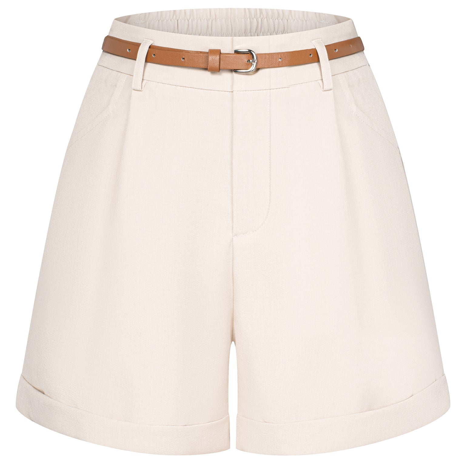 belle poque BP Women Vintage Shorts with Belt Elastic Waist Fold-up Leg Opening Short Pants Beige