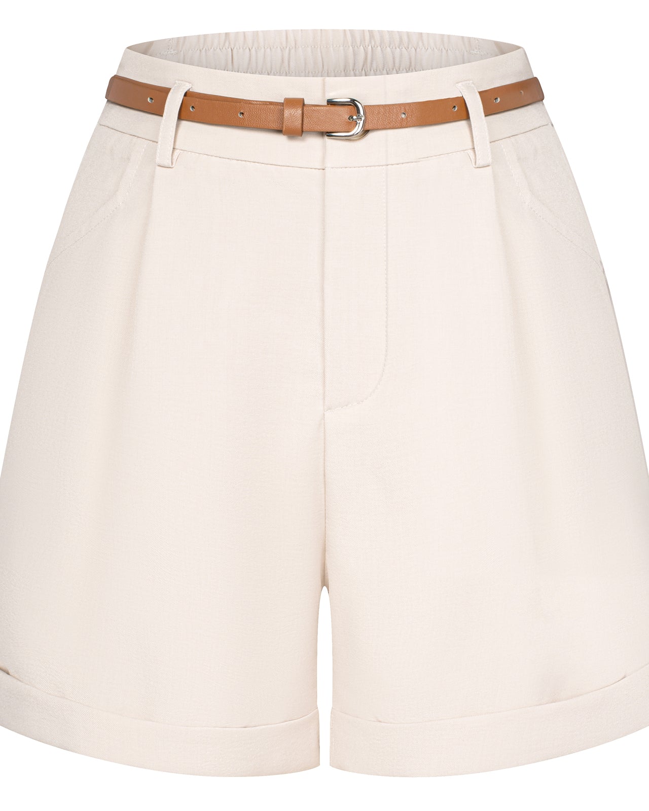 belle poque BP Women Vintage Shorts with Belt Elastic Waist Fold-up Leg Opening Short Pants Beige