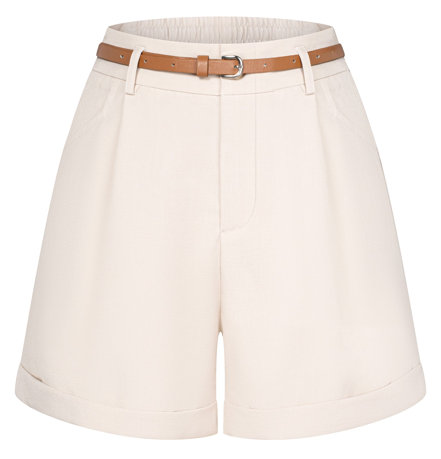 belle poque BP Women Vintage Shorts with Belt Elastic Waist Fold-up Leg Opening Short Pants Beige