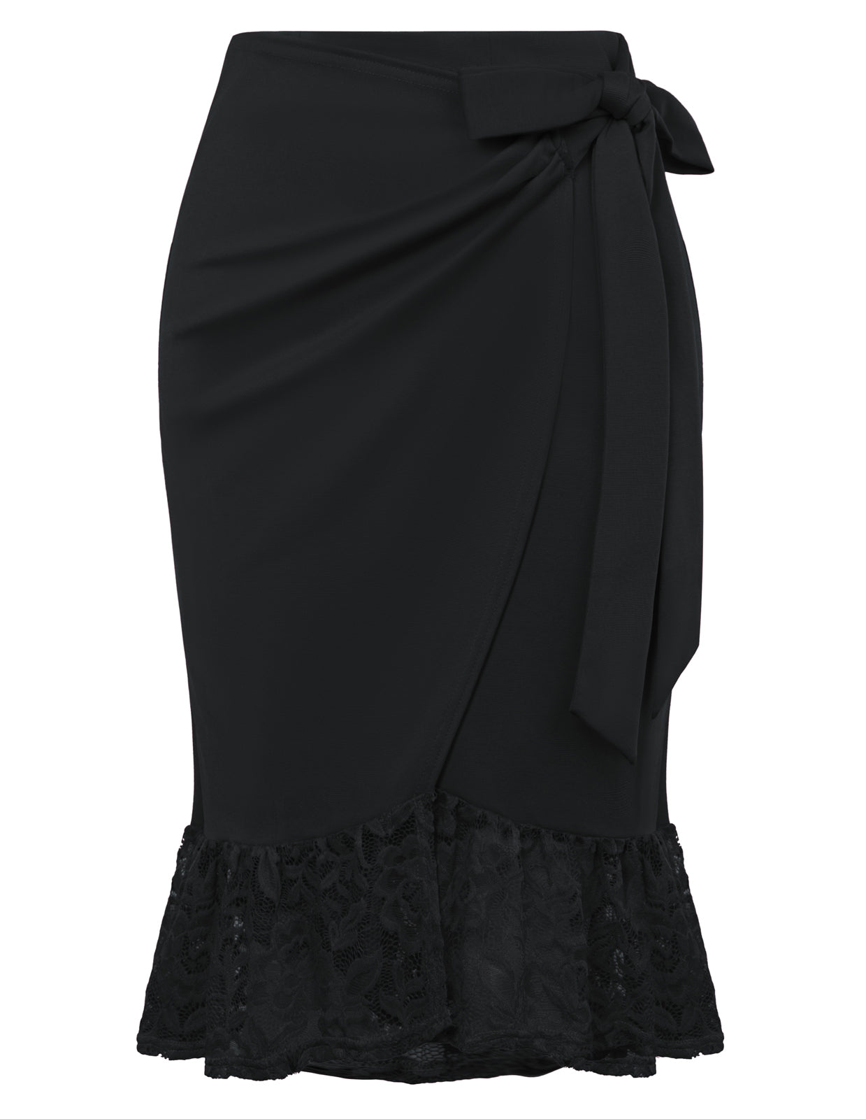 belle poque Pencil Skirt for Women 1950s Vintage Lace Hem Bodycon Skirt with Bow Tie Black