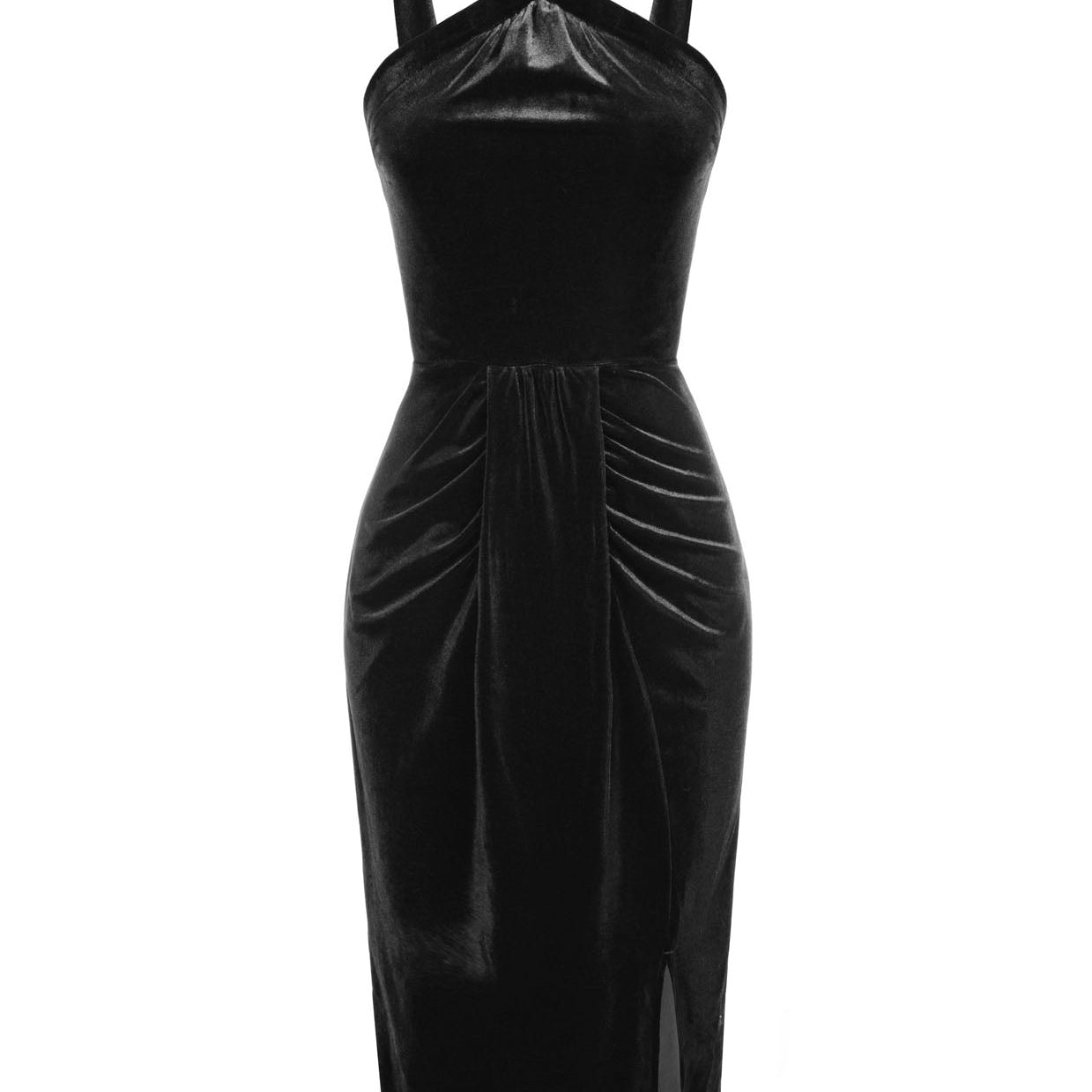 belle poque Vintage Front Slit Velvet Dress Halterneck Ruched Bodycon Dress Black