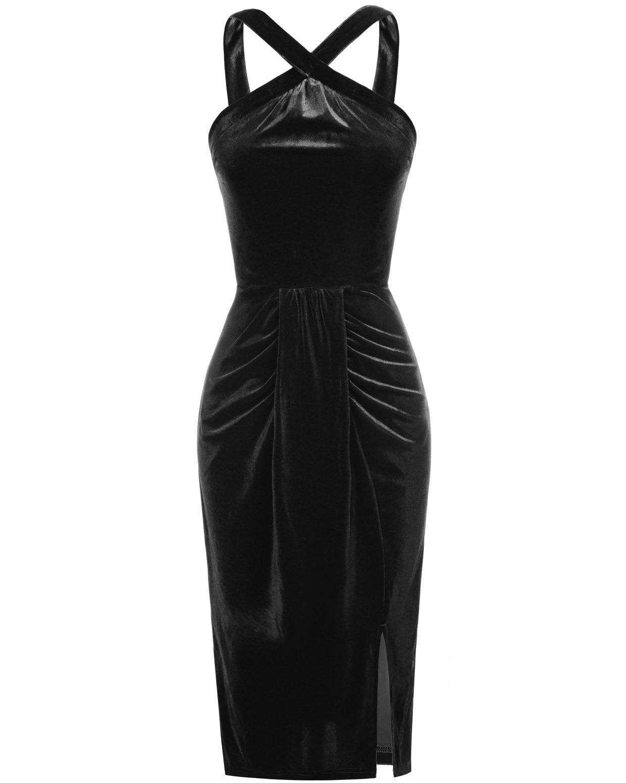 belle poque Vintage Front Slit Velvet Dress Halterneck Ruched Bodycon Dress Black
