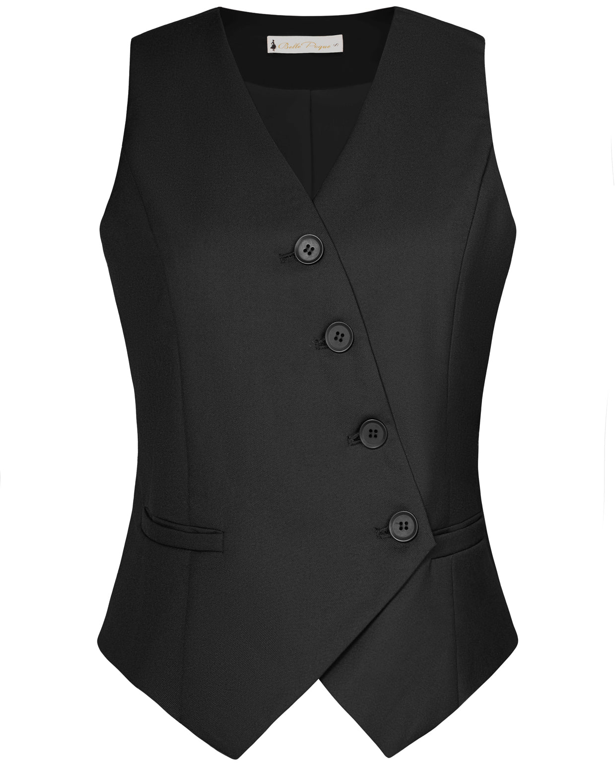 belle poque Vintage Oblique Placket Vest Coat V-Neck Handkerchief Hem Waistcoat Black