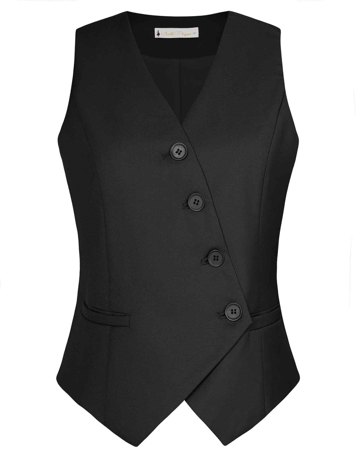 belle poque Vintage Oblique Placket Vest Coat V-Neck Handkerchief Hem Waistcoat Black