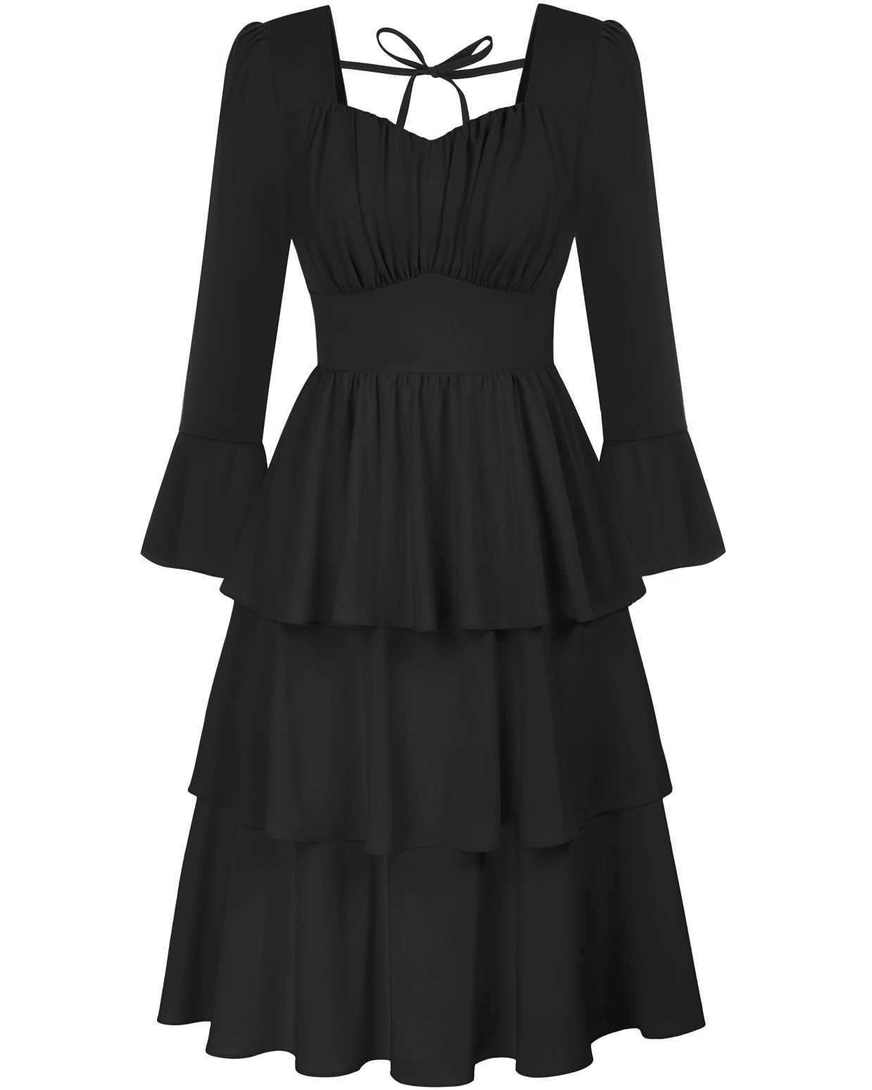 belle poque Vintage 3-Layer Cake Dress Long Sleeve Square V-Neck A-Line Midi Dress Black S