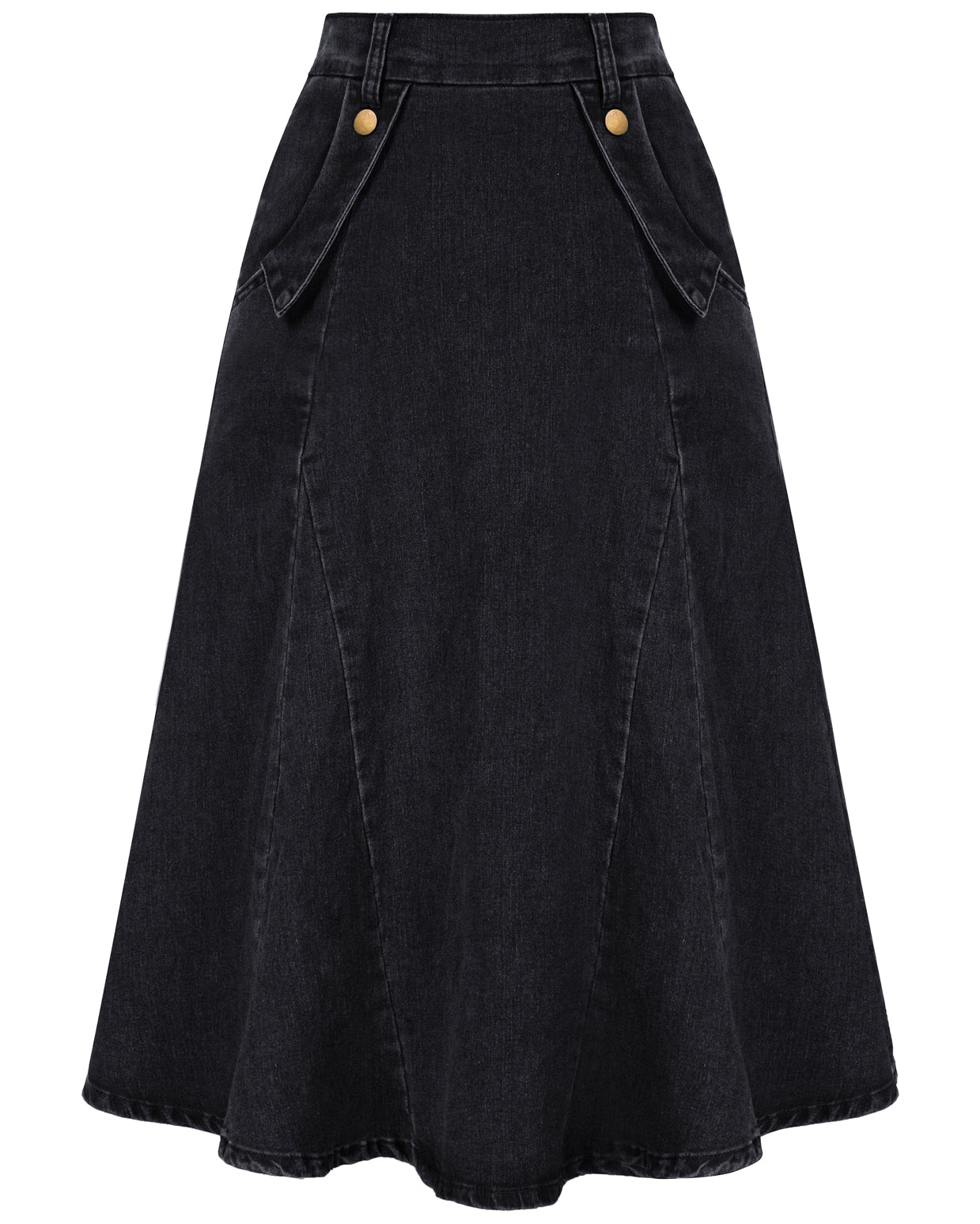 belle poque Denim Skirts Knee Length Vintage Elastic High Waist A-Line Midi Jean Skirts with Pockets