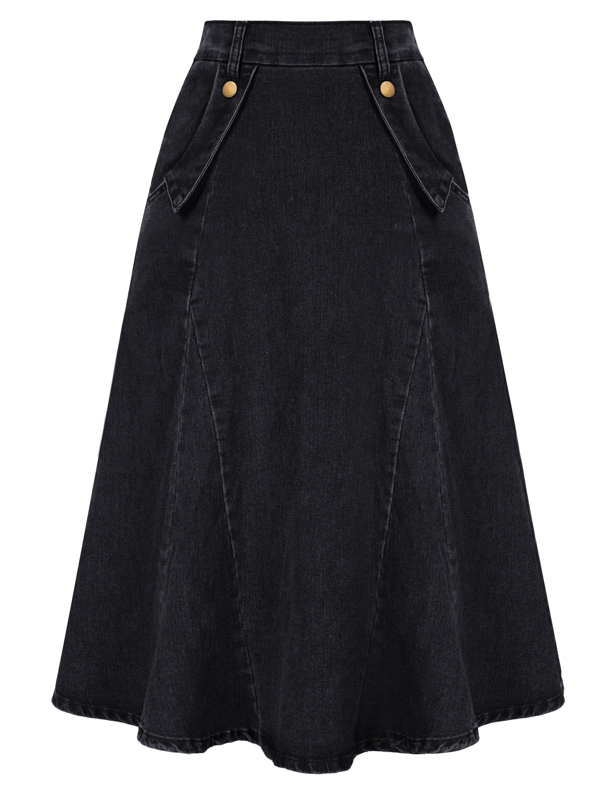 belle poque Denim Skirts Knee Length Vintage Elastic High Waist A-Line Midi Jean Skirts with Pockets