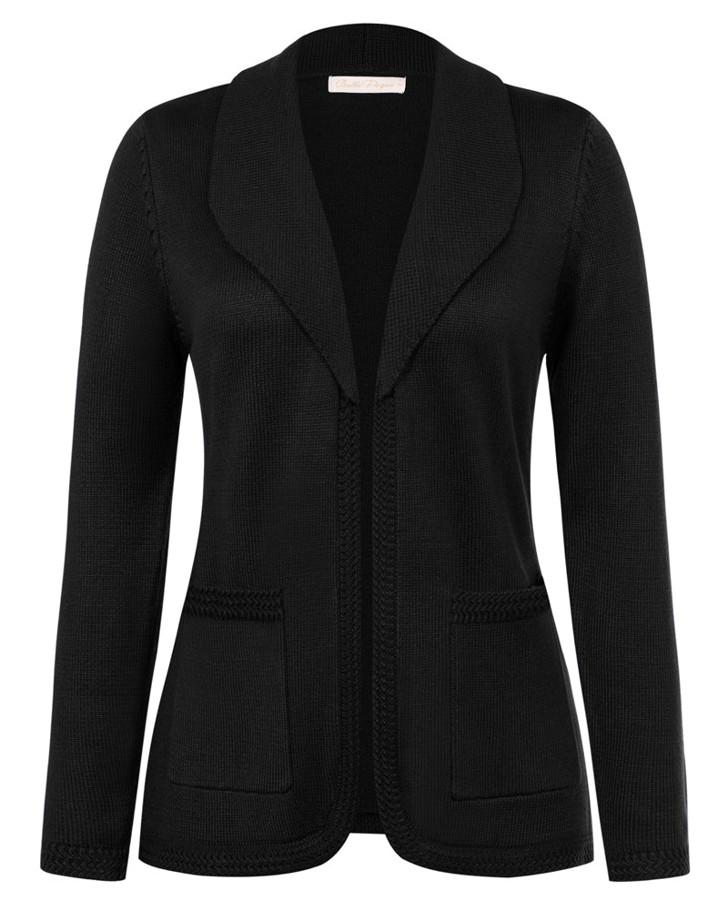 belle poque Vintage Cardigan Sweater Blazer V Neck Shawl Lapel Collar with Pockets Black