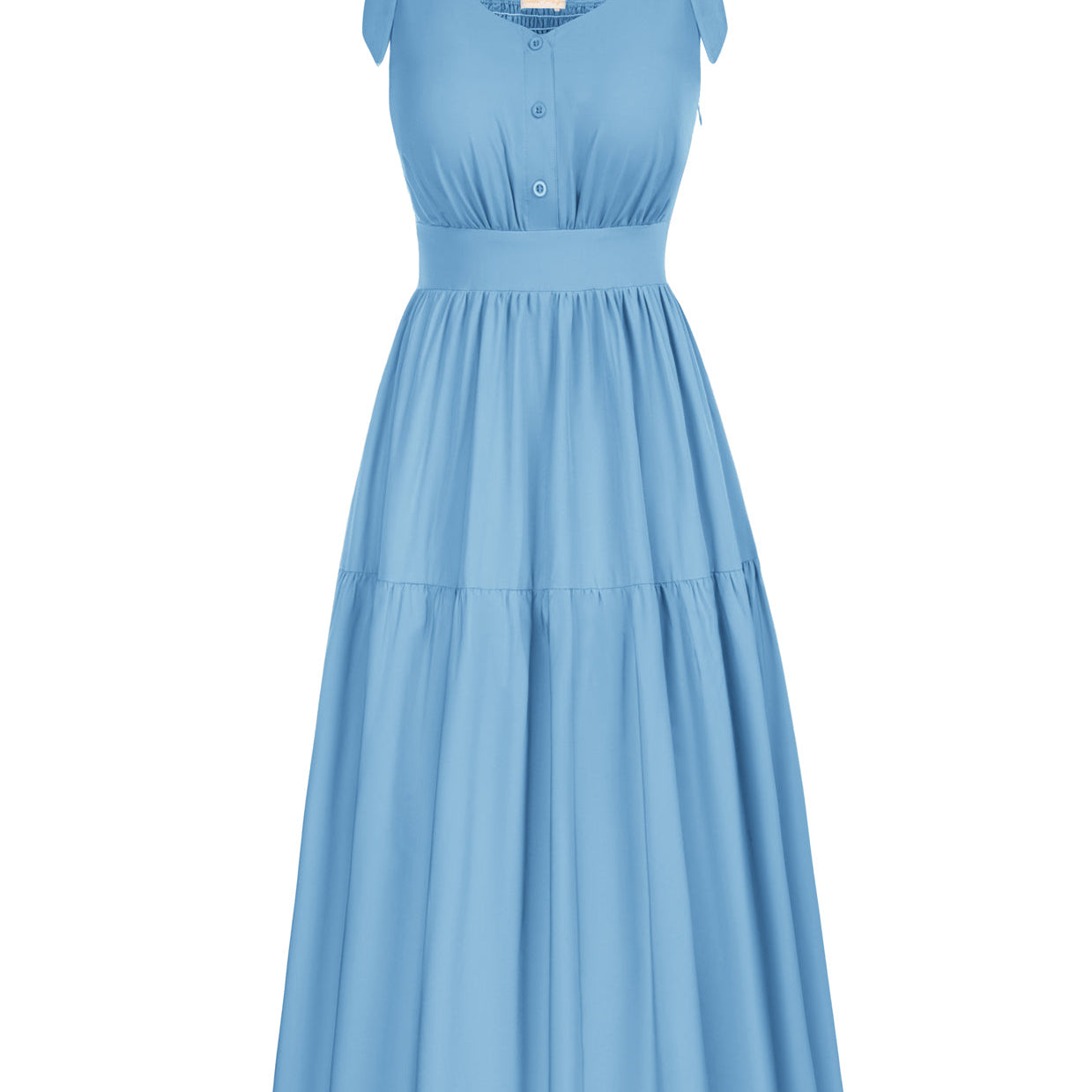 belle poque Sunflower Printed Tiered Midi Dress Sleeveless V-Neck Defined Waist A-Line Dress Light Blue