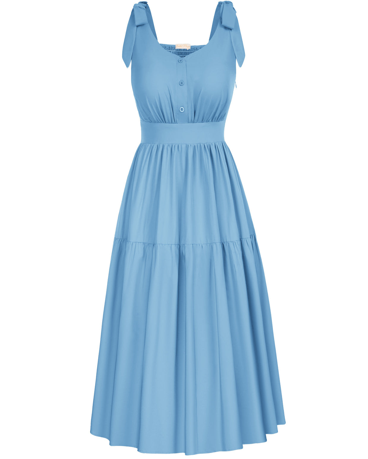 belle poque Sunflower Printed Tiered Midi Dress Sleeveless V-Neck Defined Waist A-Line Dress Light Blue