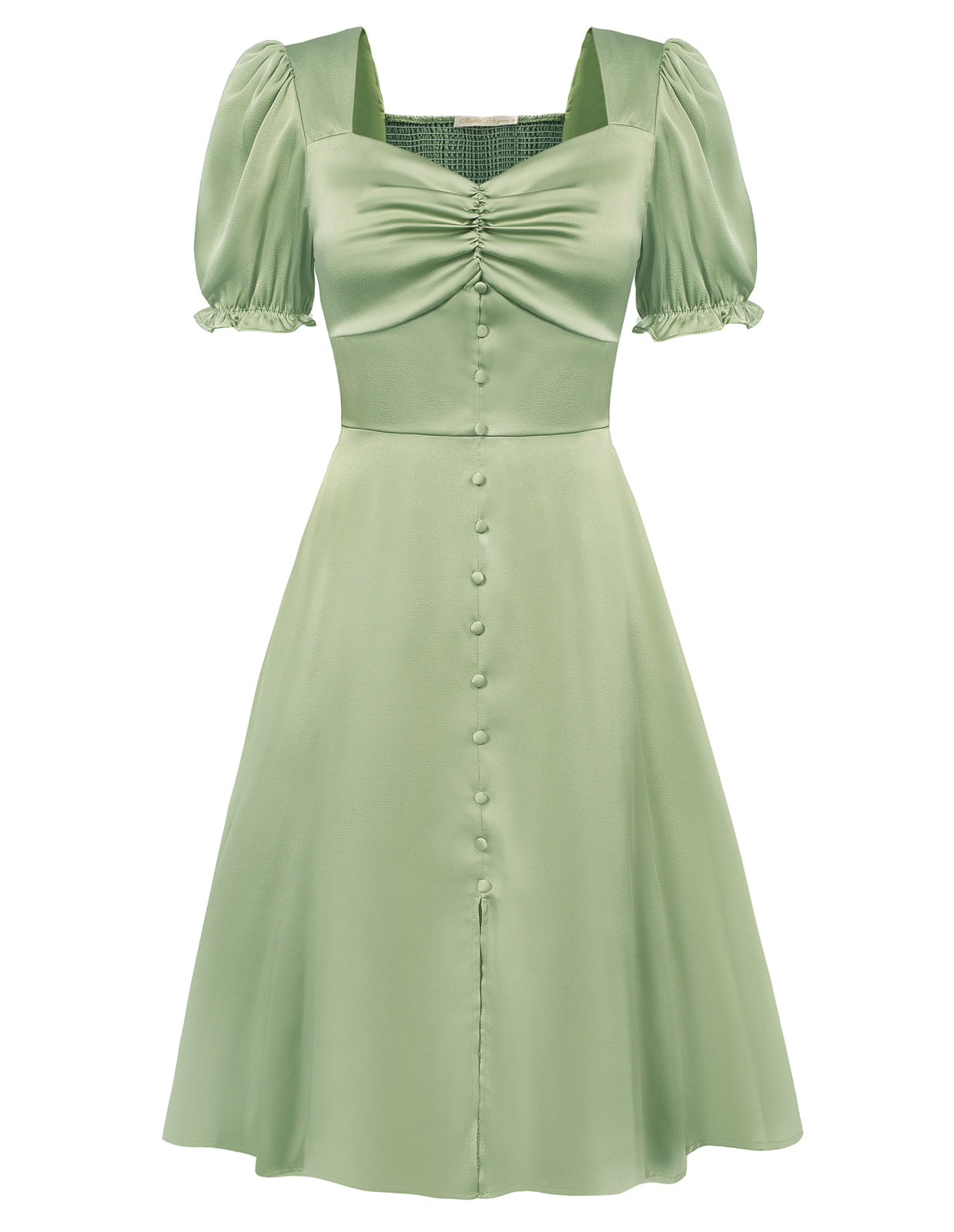 belle poque Front Slit Dress Short Sleeve Square V-Neck Flared A-Line Dress Green