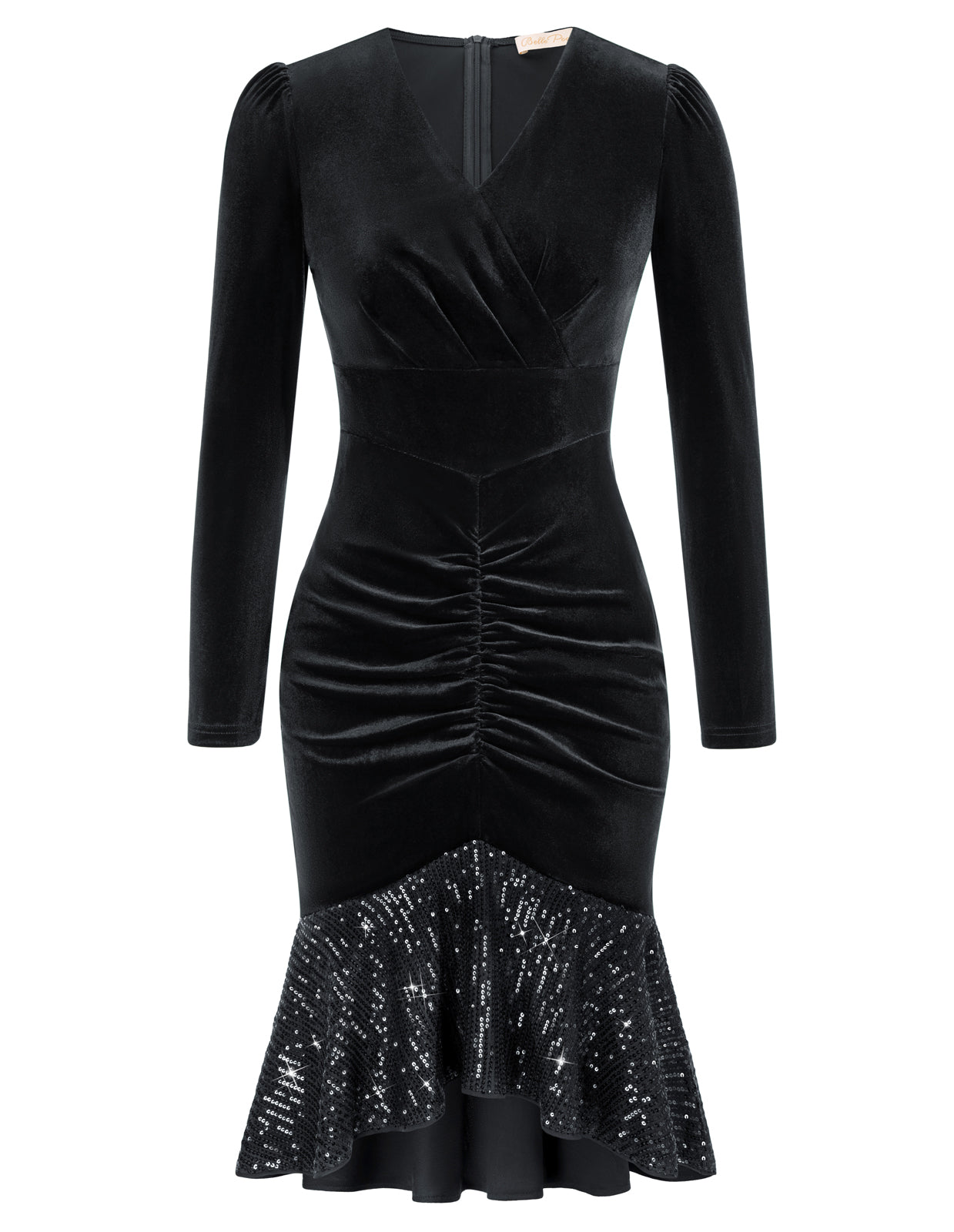 belle poque Vintage Fans Look of Ruched Velvet Dress Long Sleeve V-Neck Mermaid Hem Bodycon Dress