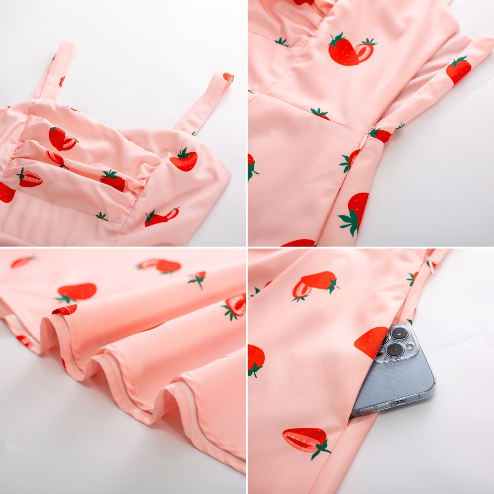 belle poque Vintage Strawberry Patterns Cocktail Dress Sleeveless Spaghetti Strap Ruched Slit A Line Swing Dress with Pockets
