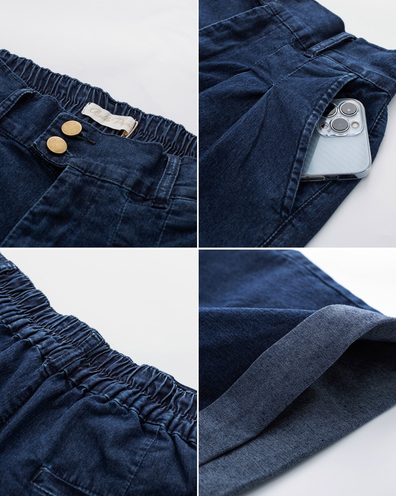 belle poque Elastic Waist Fold-up Leg Opening Short Jeans