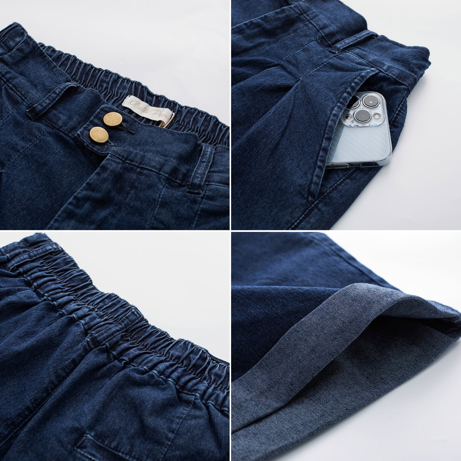 belle poque Elastic Waist Fold-up Leg Opening Short Jeans