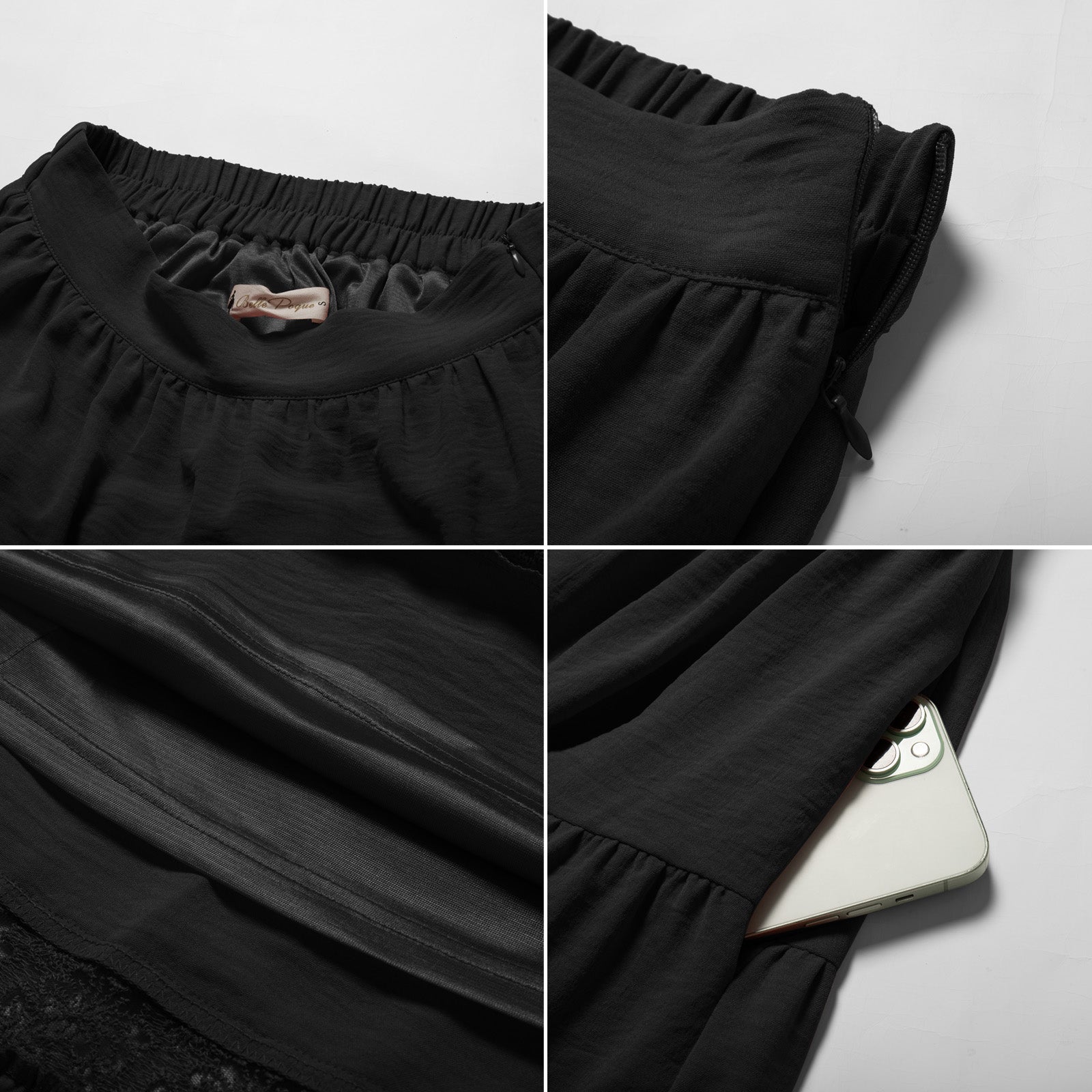 belle poque Women Vintage Tiered Swing Skirt Elastic Waist Ruffled Hem Mid-Calf Skirt