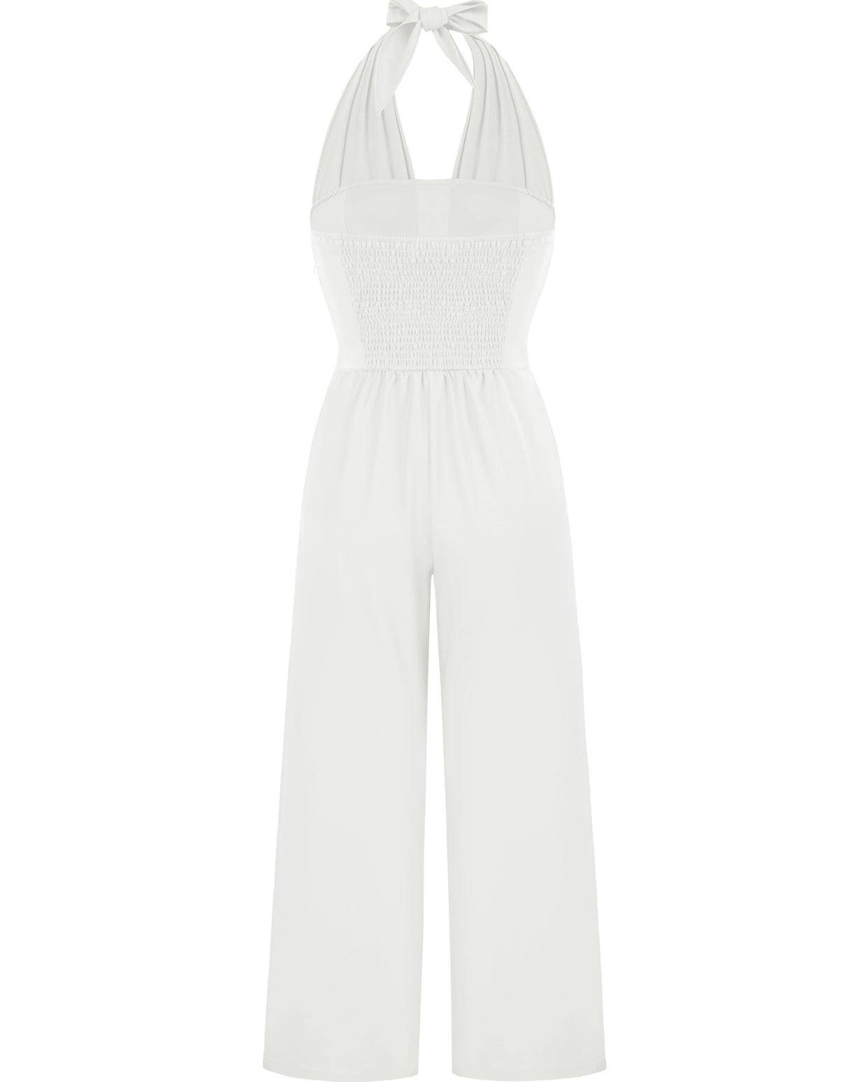 belle poque Defined Waist Smocked Back Halterneck Jumpsuit