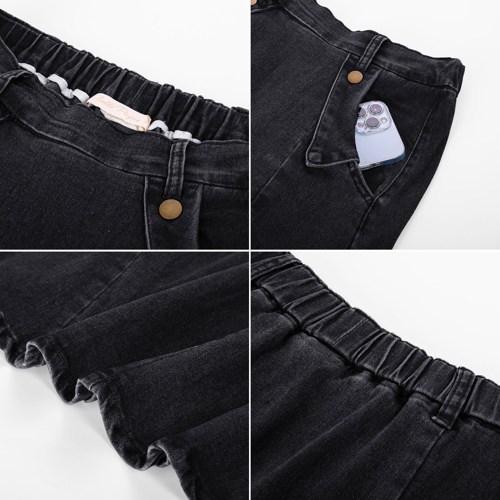 belle poque Denim Skirts Knee Length Vintage Elastic High Waist A-Line Midi Jean Skirts with Pockets