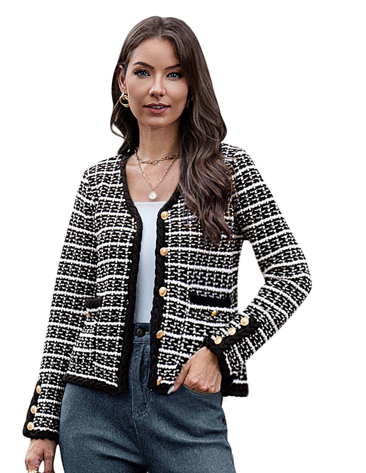 belle poque Contrast Color Cardigan Long Sleeve V-Neck Cable Knitted Sweater