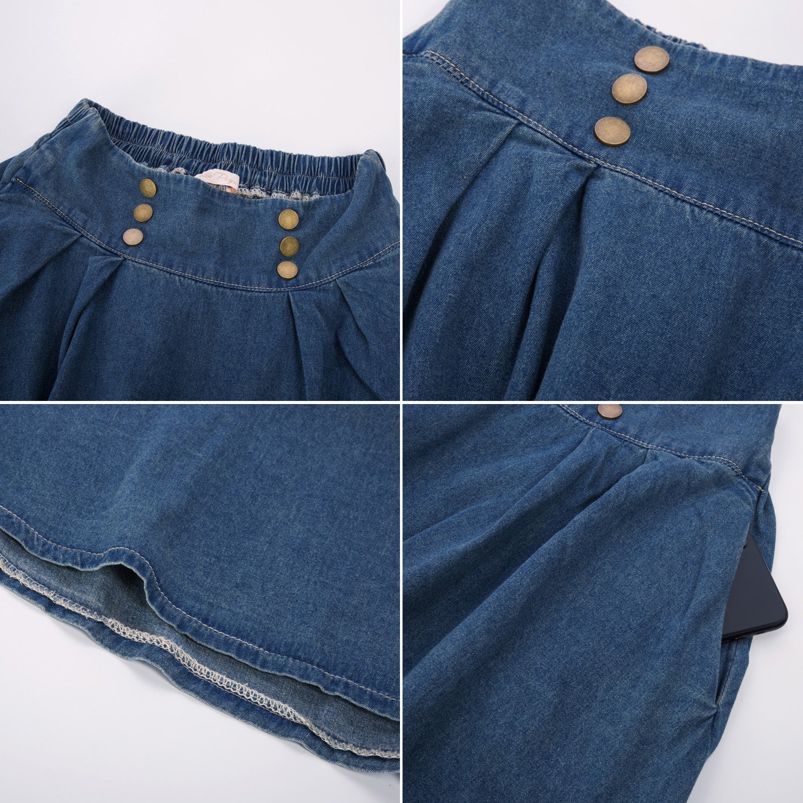 belle poque Swing Jean Skirt Elastic High Waist Buttons Decorated Skirt