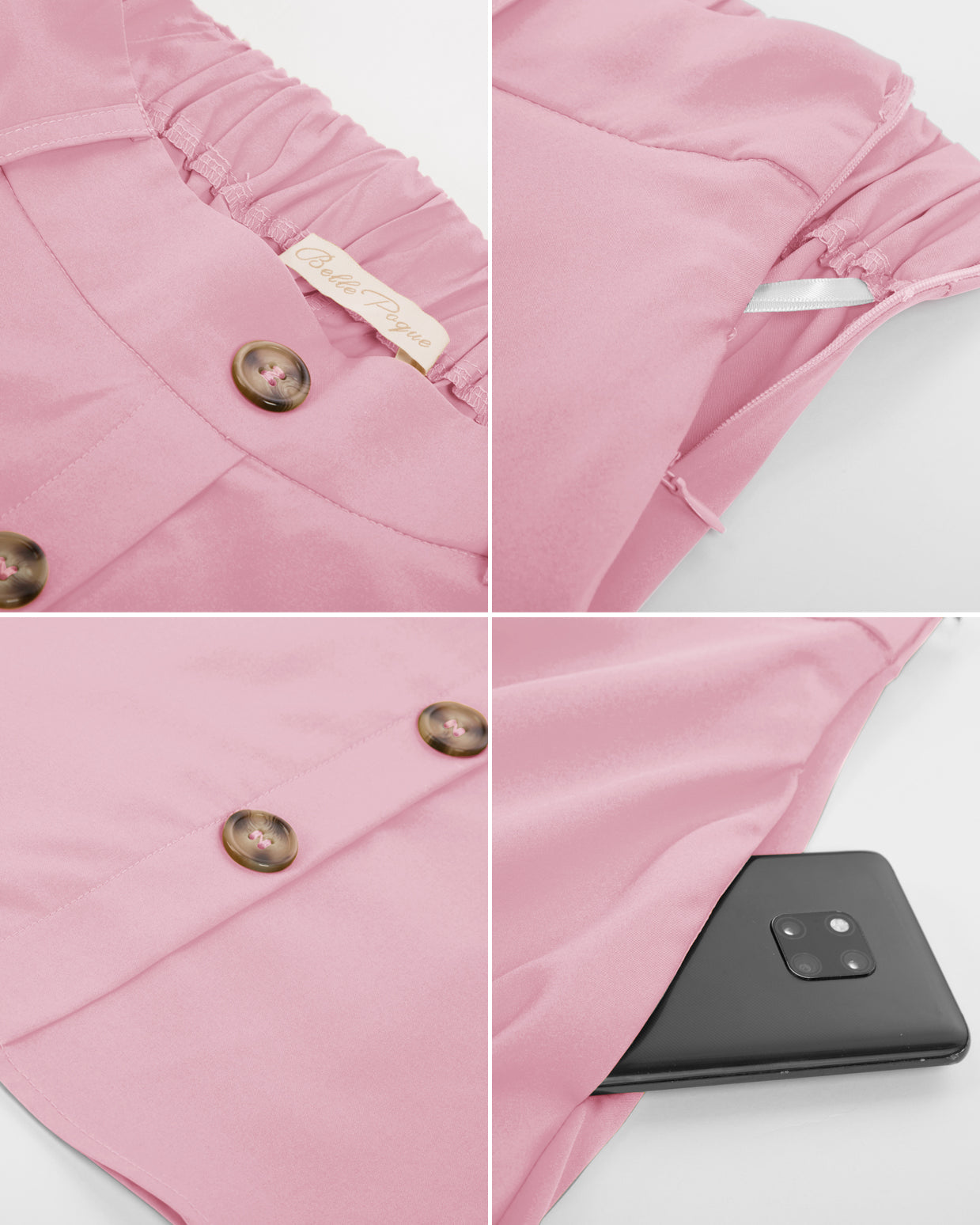 belle poque Swing Skirt with Belt Elastic High Waist Buttons Decorated Skirt