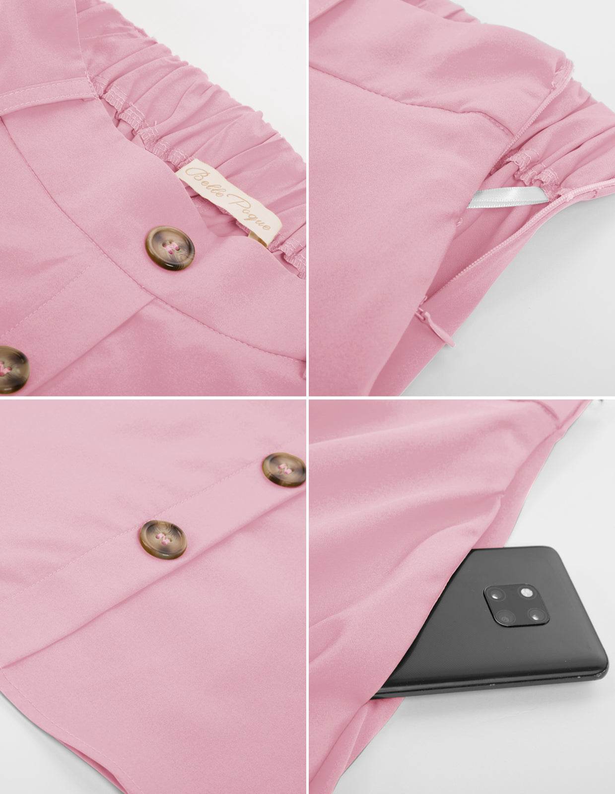 belle poque Swing Skirt with Belt Elastic High Waist Buttons Decorated Skirt