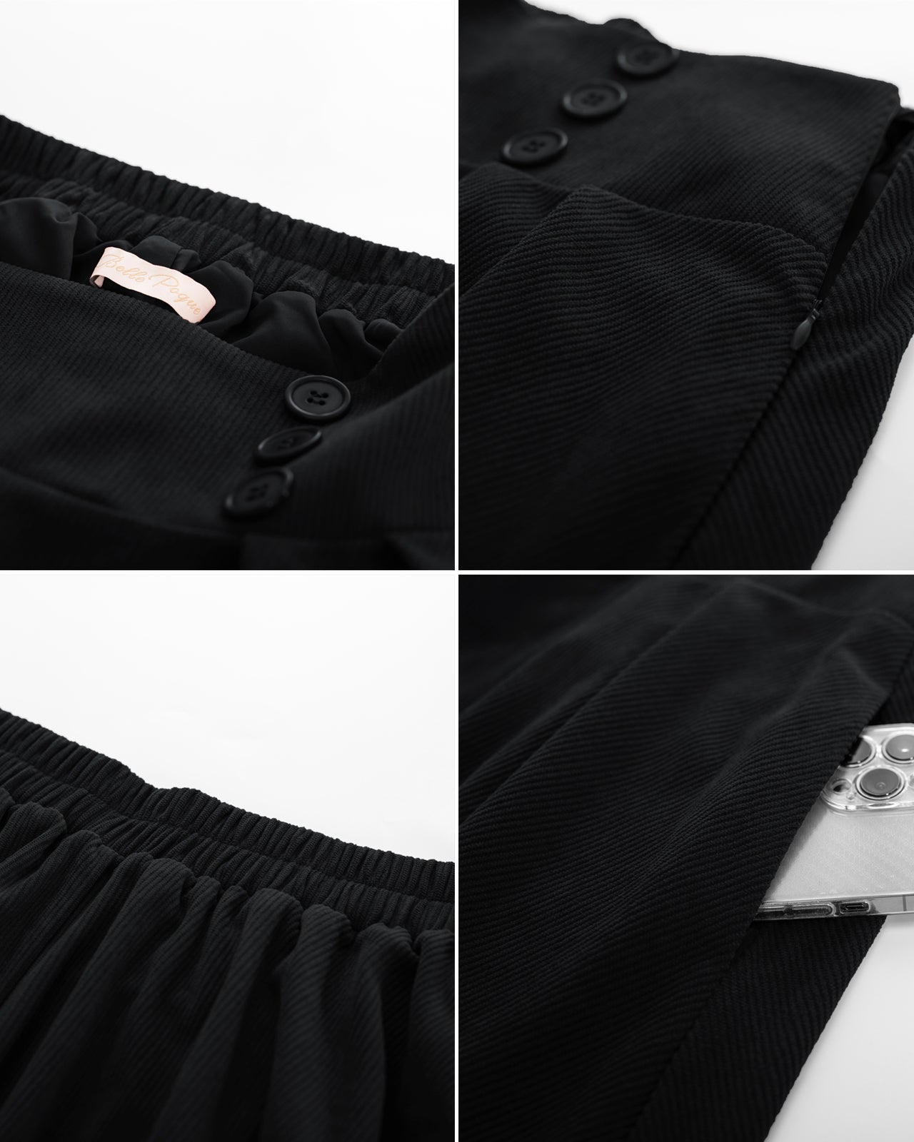 belle poque Vintage Corduroy Skirt Elastic High Waist Buttons Decorated Swing Skirt with Pockets