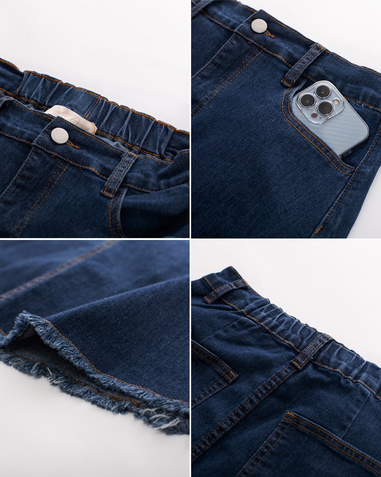 belle poque Multi-Pocket Jean Skirt Elastic High Waist Raw Hem Midi A-Line Skirt