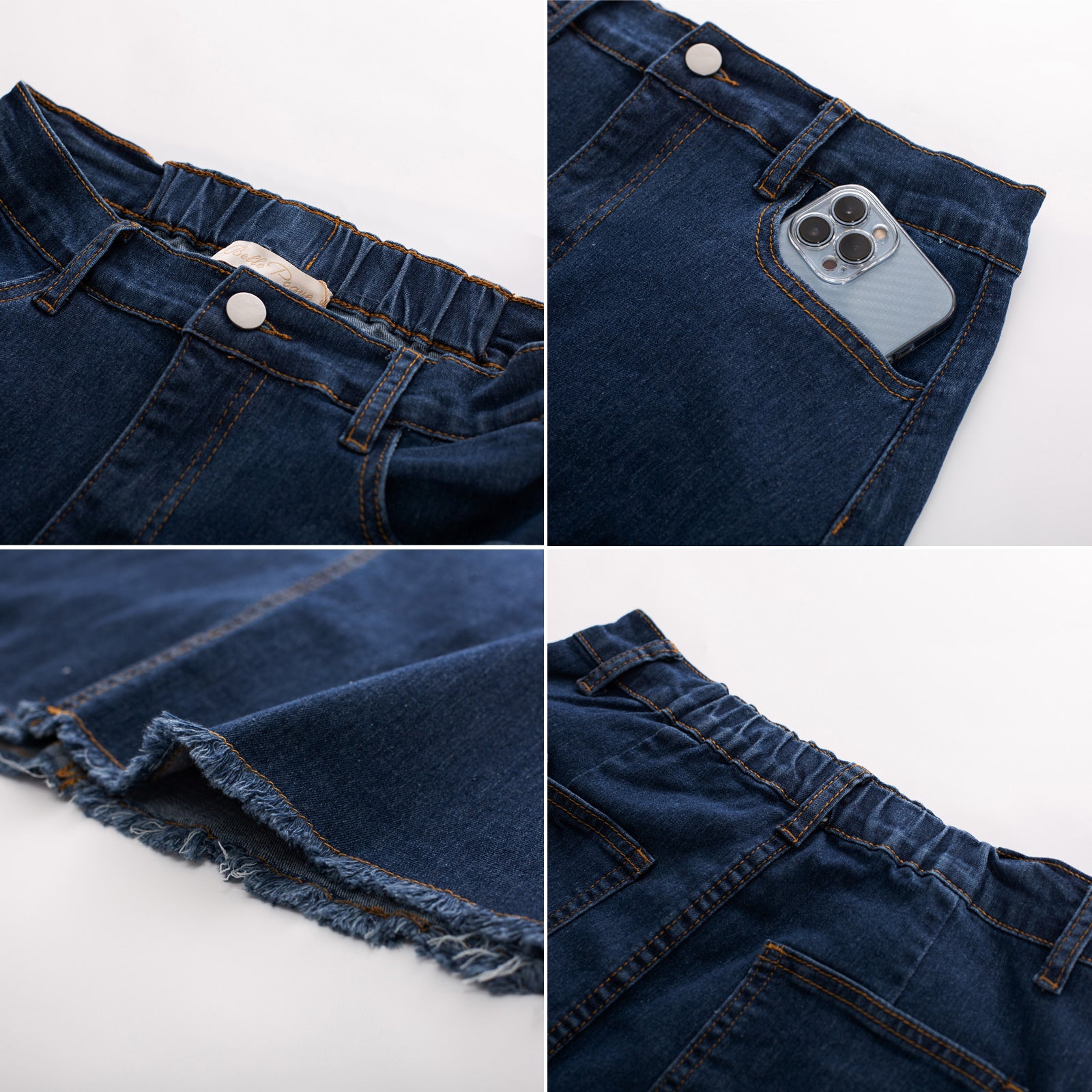 belle poque Multi-Pocket Jean Skirt Elastic High Waist Raw Hem Midi A-Line Skirt