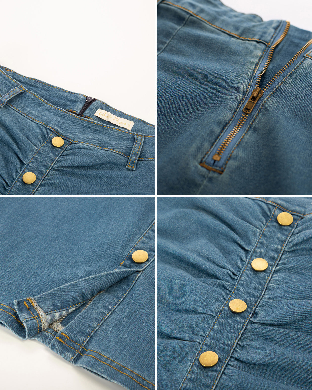 belle poque Vintage Jean Skirt with Belt High Waist Ruched Front Bodycon Skirt