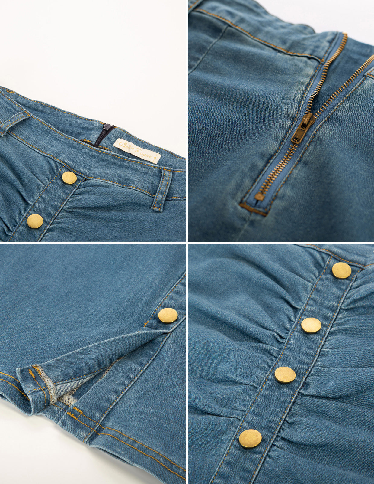 belle poque Vintage Jean Skirt with Belt High Waist Ruched Front Bodycon Skirt