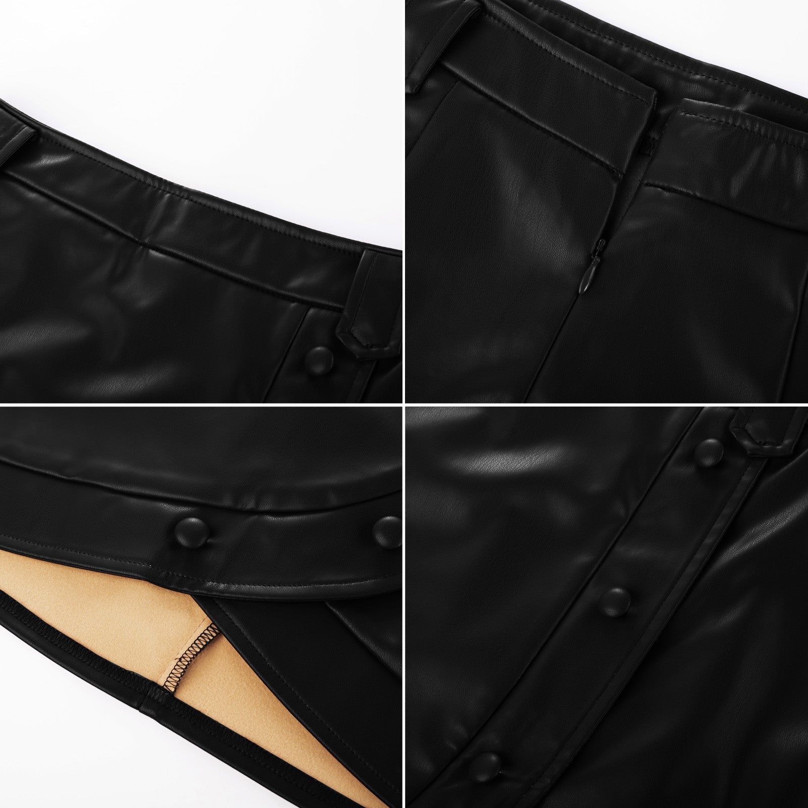 belle poque Women Vintage Imitated Leather Skirt Elastic Waist Mid-Thigh Bodycon Skirt