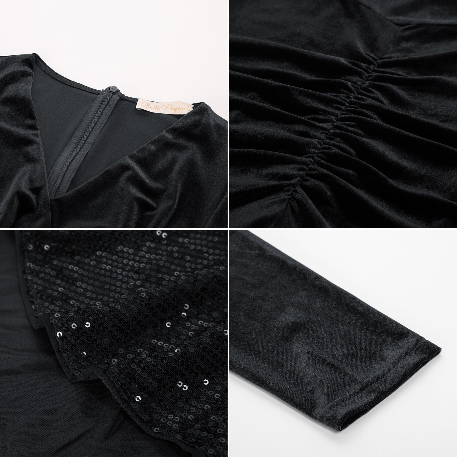 belle poque Vintage Fans Look of Ruched Velvet Dress Long Sleeve V-Neck Mermaid Hem Bodycon Dress