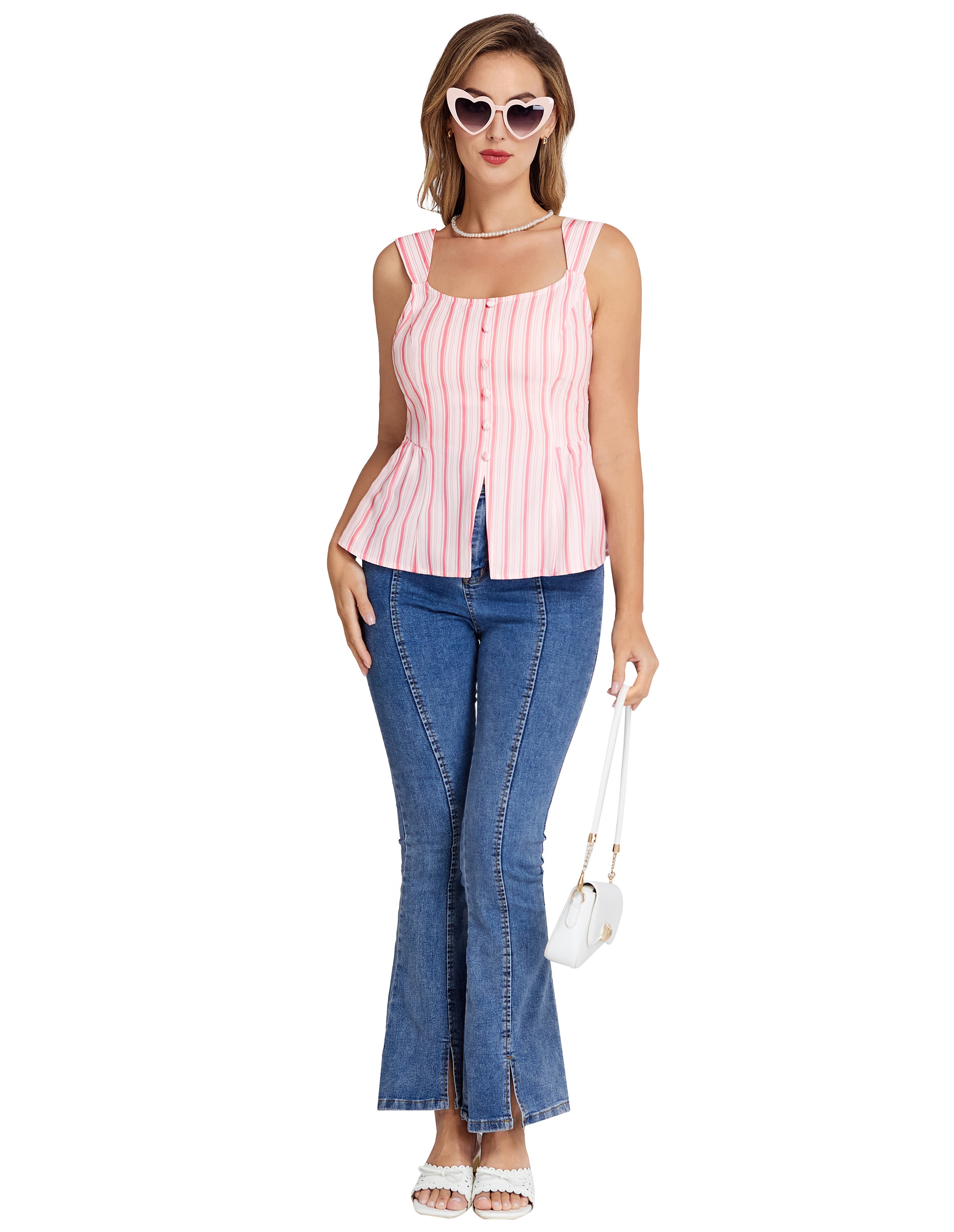 belle poque BP Women Vintage Striped Peplum Hem Tops Sleeveless Square Neck A-Line Tops