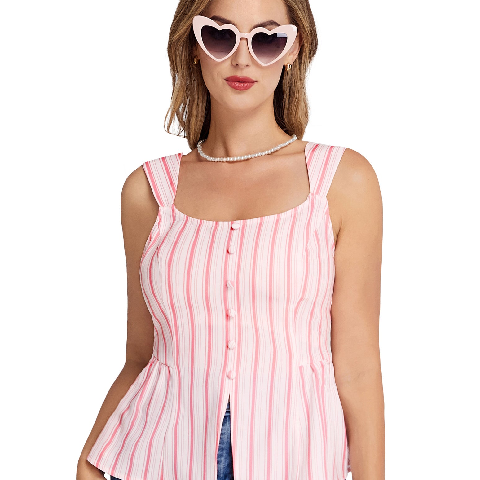 belle poque BP Women Vintage Striped Peplum Hem Tops Sleeveless Square Neck A-Line Tops Pink