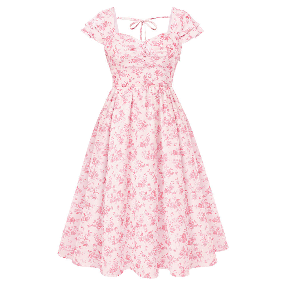 belle poque 1950s Women's Sweatheart Floral Dress Ruched Midi Garden Party Dress Pink