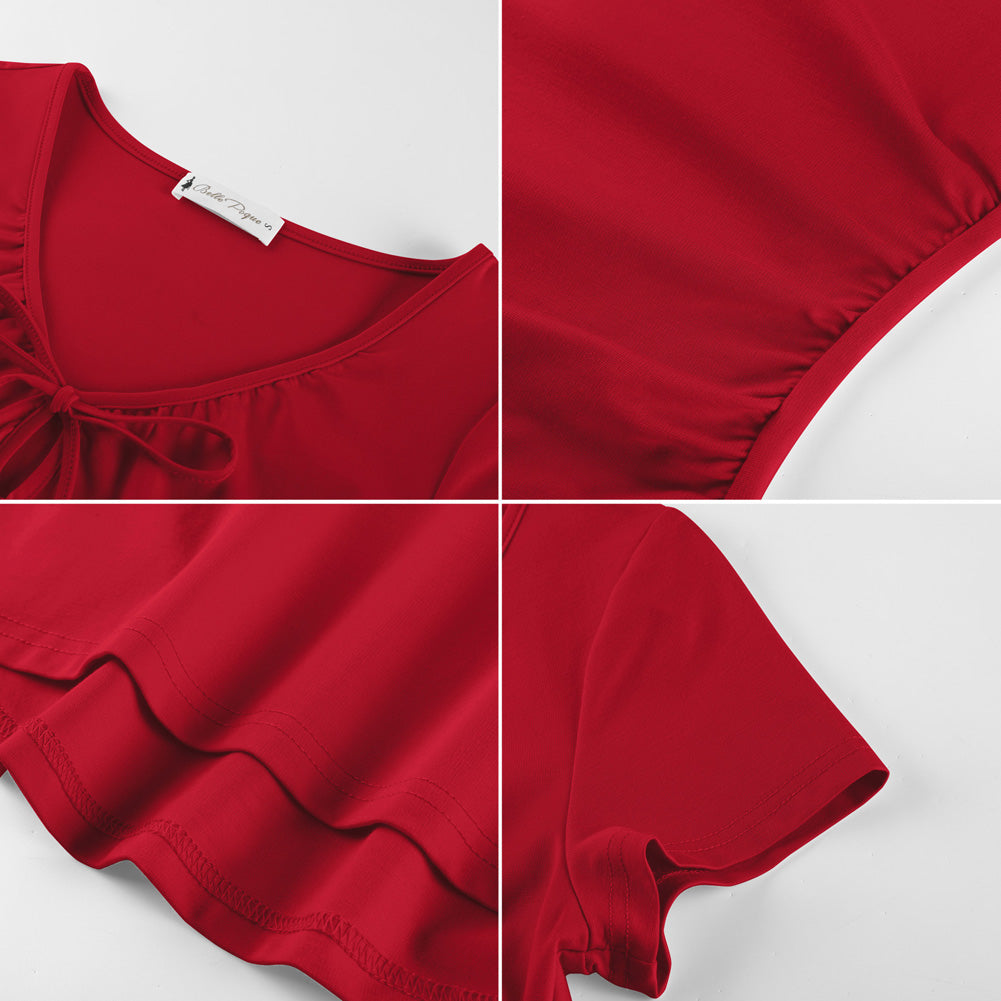 belle poque 2026 Women's Tops Pleated Bow Tie Front Shirts Spring Summer Casual Knit Top