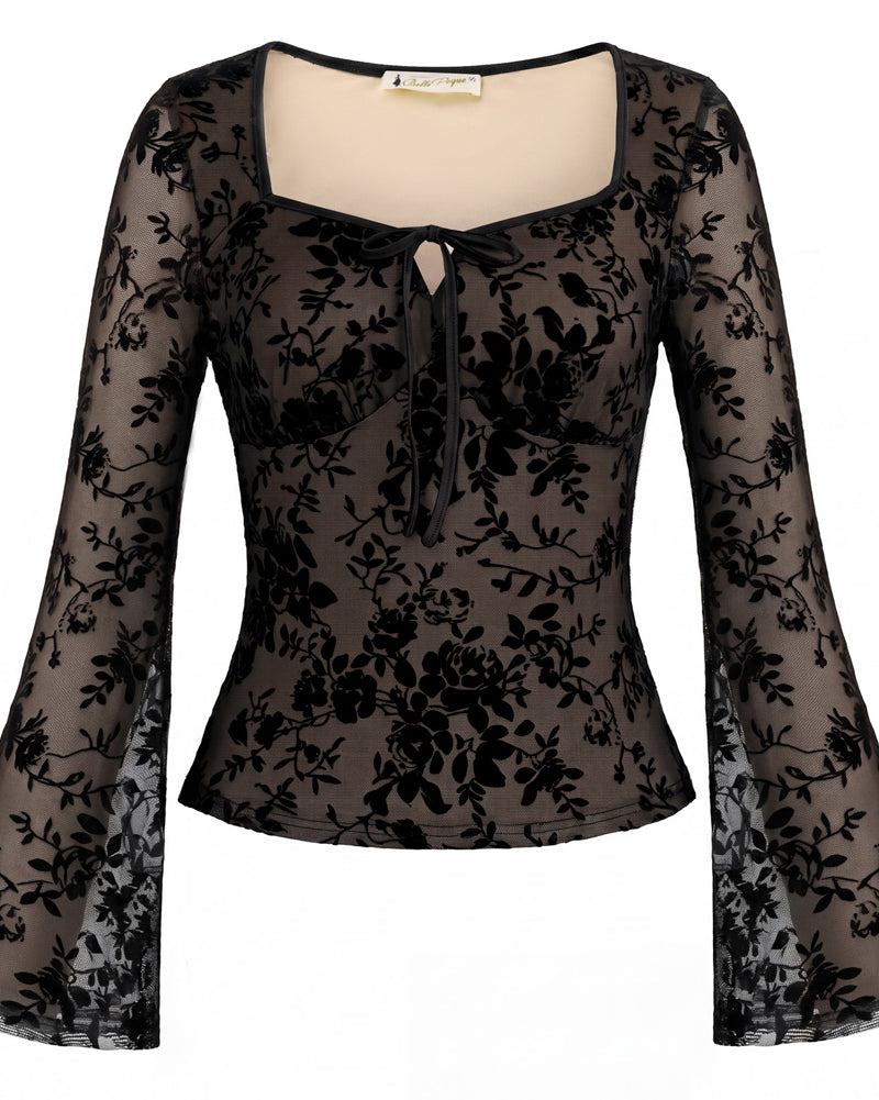 belle poque Women Vintage Date Tops Long Sleeve Mesh Lace Tops Black 1